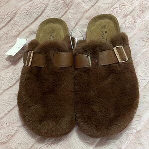 New Look Brown Faux Fur Buckle Clog Mules
